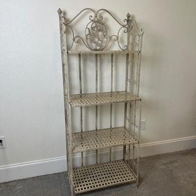 Distressed White Metal 4-Tier Bakers Rack with Decorative Scrollwork