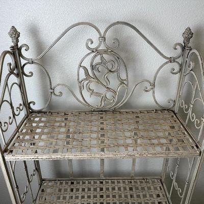 Distressed White Metal 4-Tier Bakers Rack with Decorative Scrollwork