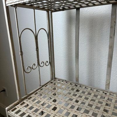 Distressed White Metal 4-Tier Bakers Rack with Decorative Scrollwork
