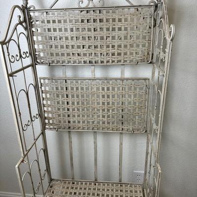 Distressed White Metal 4-Tier Bakers Rack with Decorative Scrollwork