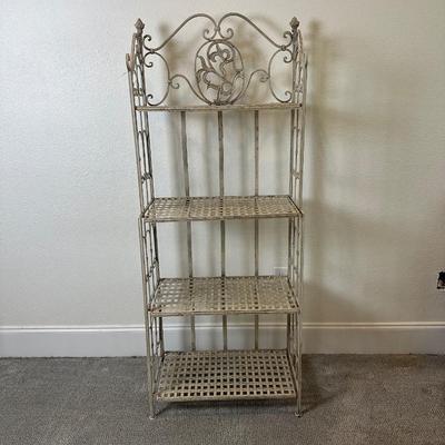 Distressed White Metal 4-Tier Bakers Rack with Decorative Scrollwork