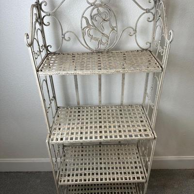 Distressed White Metal 4-Tier Bakers Rack with Decorative Scrollwork