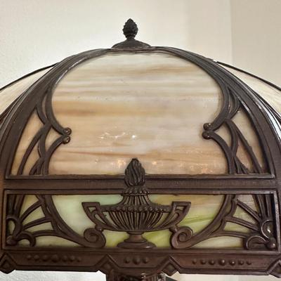Ornate Metal Table Lamp with Slag Glass Shade