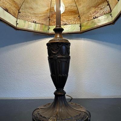Ornate Metal Table Lamp with Slag Glass Shade