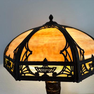 Ornate Metal Table Lamp with Slag Glass Shade