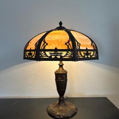 Ornate Metal Table Lamp with Slag Glass Shade