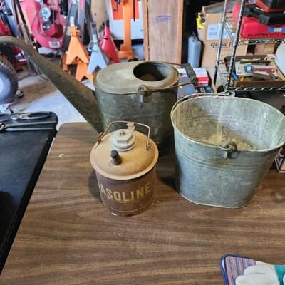 Lot of Metal Cans Vintage Gas Can , Bucket, Water Can with Rusted Bottom