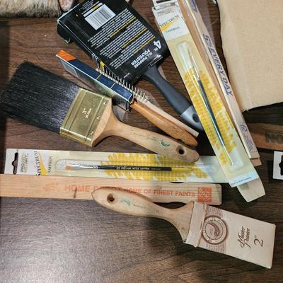 Lot of Paint tools, Brushes , Scrappers, Boot covers, Xacto and more