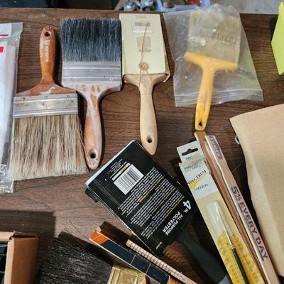 Lot of Paint tools, Brushes , Scrappers, Boot covers, Xacto and more