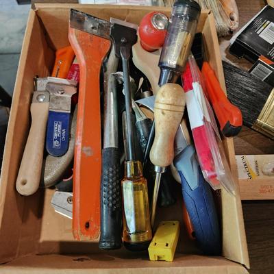 Lot of Paint tools, Brushes , Scrappers, Boot covers, Xacto and more