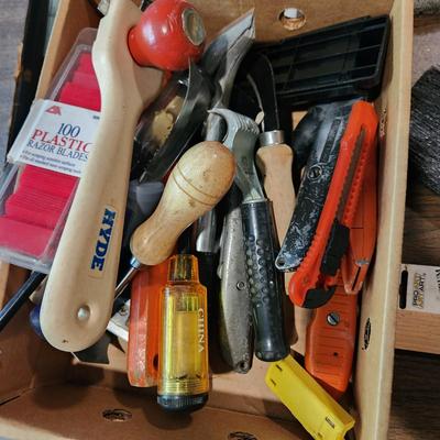 Lot of Paint tools, Brushes , Scrappers, Boot covers, Xacto and more