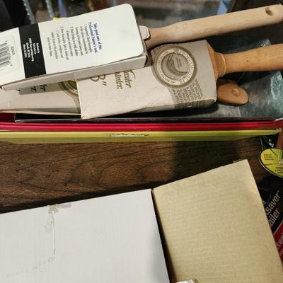 Lot of Paint tools, Brushes , Scrappers, Boot covers, Xacto and more