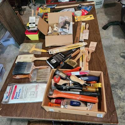 Lot of Paint tools, Brushes , Scrappers, Boot covers, Xacto and more