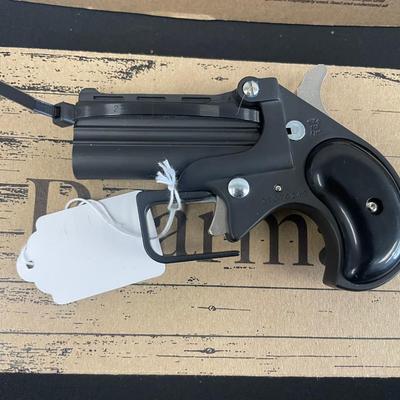 Sale Photo Thumbnail #130: Action: Single-action over/under derringer

Barrel Length: 2.75 inches

Overall Length: 4.65 inches

Height: Approximately 3 inches

Width: Approximately 1 inch

Weight: 14 oz

Capacity: 2-round double-barrel

Frame Material: Alloy

Sights: Fixed front bl