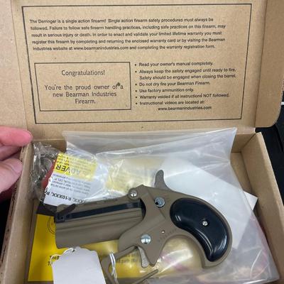 Sale Photo Thumbnail #134: Action: Single-action over/under derringer

Barrel Length: 2.75 inches

Overall Length: 4.65 inches

Height: Approximately 3 inches

Width: Approximately 1 inch

Weight: 14 oz

Capacity: 2-round double-barrel

Frame Material: Alloy

Sights: Fixed front bl