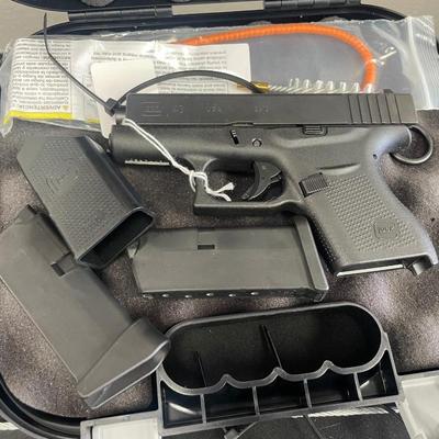 Sale Photo Thumbnail #166: MANUFACTURER: GLOCK
FAMILY: G43 Series
MODEL: G43
TYPE: Semi-Auto Pistol
ITEM GROUP: Centerfire Polymer Pistols
ACTION: Safe Action
CALIBER/GAUGE: 9mm
FINISH: Gas Nitride
FRAME: Polymer Frame
STOCK/GRIPS: Black Polymer
BARREL: 3.39"
OVERALL LEN