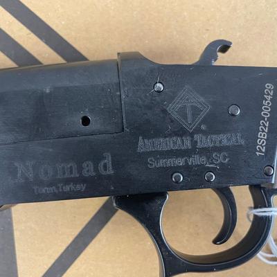 Sale Photo Thumbnail #209: MANUFACTURER: American Tactical Inc
FAMILY: Nomad Series
MODEL: Nomad
TYPE: Shotgun
ITEM GROUP: Sporting Single Shot Shotguns
ACTION: Single Shot
CALIBER/GAUGE: 20 Gauge
FINISH: Matte Black
FINISH TYPE: Blued
STOCK: Synthetic Stock
STOCK/GRIPS: 