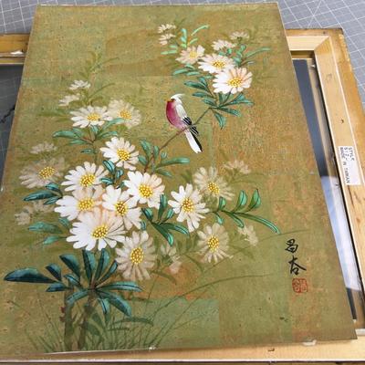 Sale Photo Thumbnail #217: It is coming out of The frame. Measures 16 x 12"  Will need some Glazer Points to hold in frame. Otherwise good Condition. FUN! Pretty. Bird.