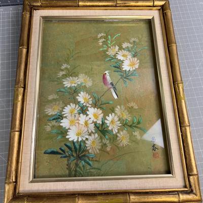 Sale Photo Thumbnail #214: It is coming out of The frame. Measures 16 x 12"  Will need some Glazer Points to hold in frame. Otherwise good Condition. FUN! Pretty. Bird.