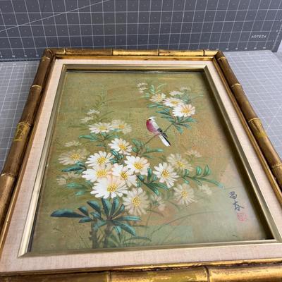 Sale Photo Thumbnail #216: It is coming out of The frame. Measures 16 x 12"  Will need some Glazer Points to hold in frame. Otherwise good Condition. FUN! Pretty. Bird.