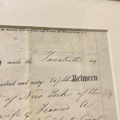 Framed 1868 Indenture Deed w/ $1 Washington Stamps (O-SS)
