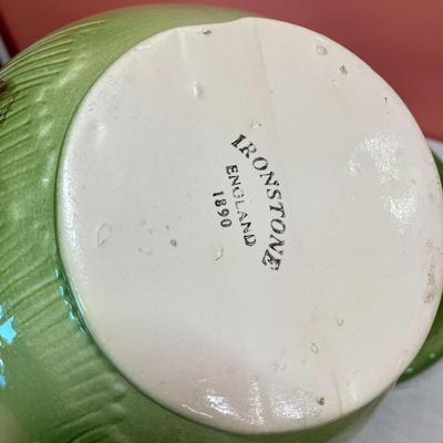 Sale Photo Thumbnail #9: Beautiful green floral Ironstone set. Minor damage to lip of pitcher, shown in pictures