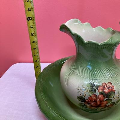 Sale Photo Thumbnail #6: Beautiful green floral Ironstone set. Minor damage to lip of pitcher, shown in pictures