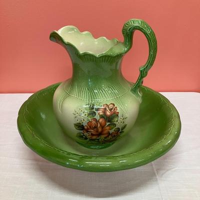 Sale Photo Thumbnail #5: Beautiful green floral Ironstone set. Minor damage to lip of pitcher, shown in pictures