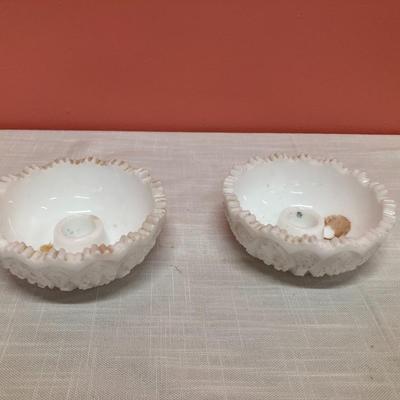 Sale Photo Thumbnail #20: 2 identical milk glass taper candle holders. 2" H x 4.5" W