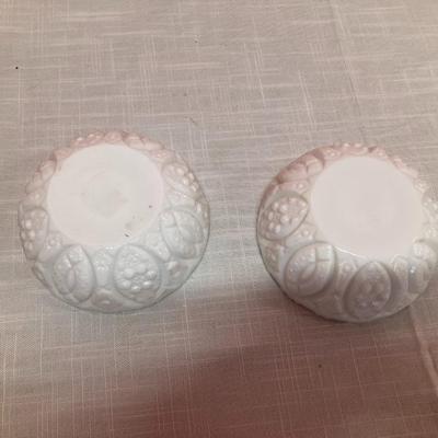 Sale Photo Thumbnail #21: 2 identical milk glass taper candle holders. 2" H x 4.5" W
