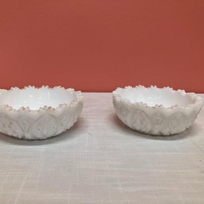 Sale Photo Thumbnail #19: 2 identical milk glass taper candle holders. 2" H x 4.5" W
