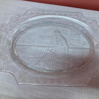 Sale Photo Thumbnail #23: 13" W clear glass plate/platter with etched Egyptian picture with inscription "Give us this day our daily bread"