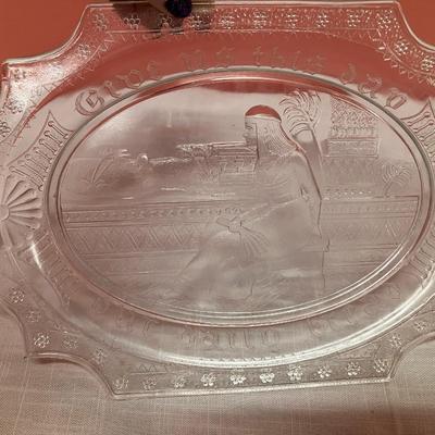 Sale Photo Thumbnail #22: 13" W clear glass plate/platter with etched Egyptian picture with inscription "Give us this day our daily bread"
