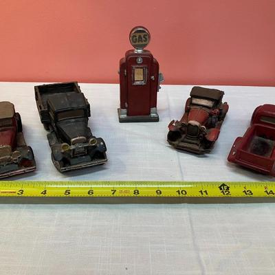 Sale Photo Thumbnail #36: 5 piece set of plaster vintage looking model cars and gas pump. Great for display!