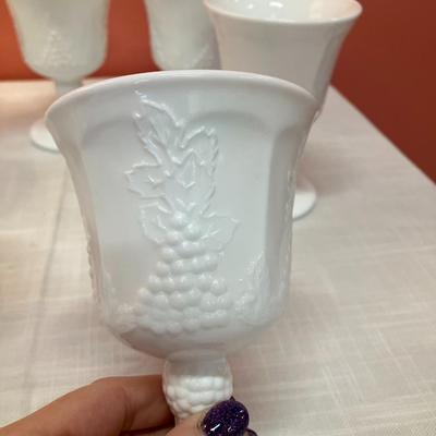 Sale Photo Thumbnail #51: Collection of 8 milk glass goblets with grape/leaf design detailing, excellent condition!