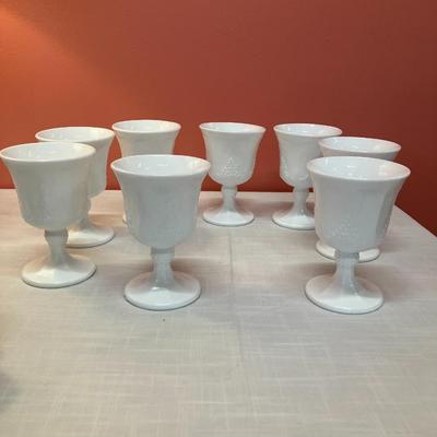 Sale Photo Thumbnail #50: Collection of 8 milk glass goblets with grape/leaf design detailing, excellent condition!