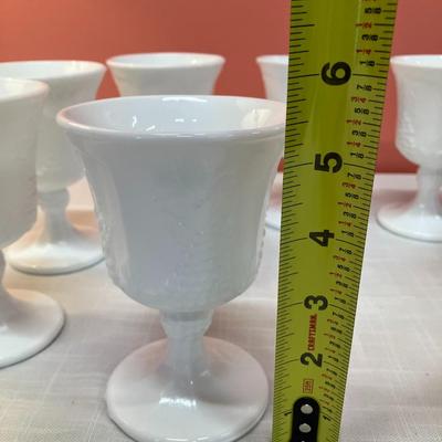 Sale Photo Thumbnail #53: Collection of 8 milk glass goblets with grape/leaf design detailing, excellent condition!