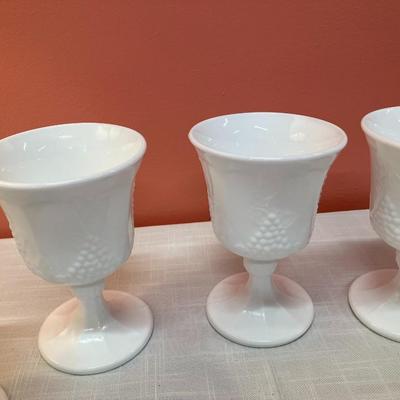 Sale Photo Thumbnail #52: Collection of 8 milk glass goblets with grape/leaf design detailing, excellent condition!