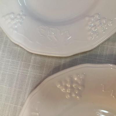 Sale Photo Thumbnail #56: Set of same pattern milk glass items, containing: 6 small plates, 5 cups, 3 saucers, all in excellent condition