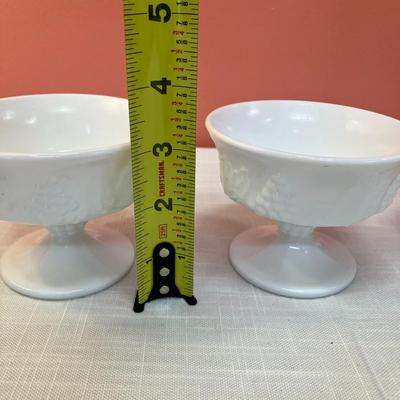 Sale Photo Thumbnail #59: Set of 3 footed fruit/sherbet Milk glass bowls with grape/leaf design. All in excellent condition.