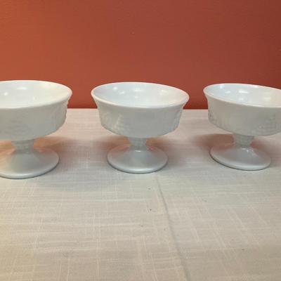 Sale Photo Thumbnail #58: Set of 3 footed fruit/sherbet Milk glass bowls with grape/leaf design. All in excellent condition.