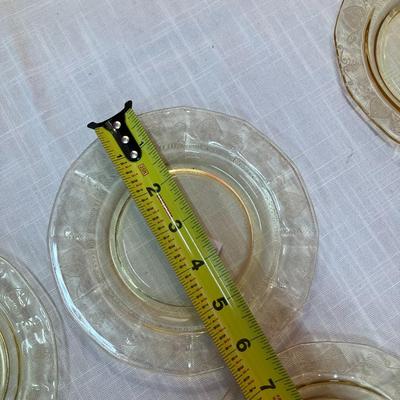 Sale Photo Thumbnail #84: Amazing pieces of Trojan Topaz designed Fostoria glassware, produced 1929-1936. Gorgeous yellow topaz color and clarity. Some pieces may have minor chips due to age. Gorgeous etched design. 
Set includes: 11  6" appetizer/snack plates