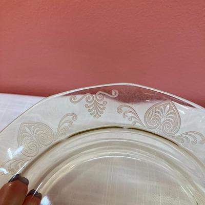 Sale Photo Thumbnail #86: Amazing pieces of Trojan Topaz designed Fostoria glassware, produced 1929-1936. Gorgeous yellow topaz color and clarity. Some pieces may have minor chips due to age. Gorgeous etched design. 
Set includes: 12 salad plates, 7" wide