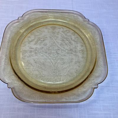 Sale Photo Thumbnail #88: Amber colored square depression glass plate, made by Federal Glass (Madrid design)
