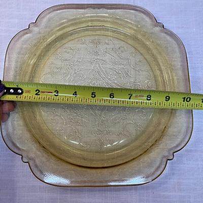 Sale Photo Thumbnail #90: Amber colored square depression glass plate, made by Federal Glass (Madrid design)