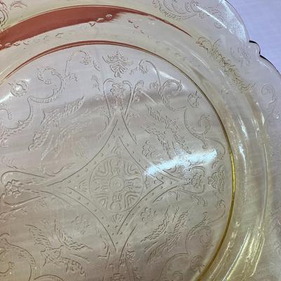 Sale Photo Thumbnail #89: Amber colored square depression glass plate, made by Federal Glass (Madrid design)