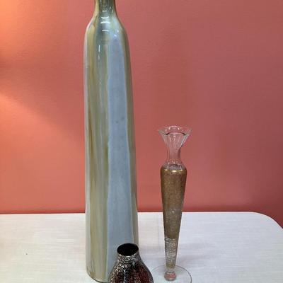 Sale Photo Thumbnail #91: Set of 3 vases: 1 tall gray/natural pottery vase, 1 mercury glass style bud vase, 1 antique glass with gold etching vase