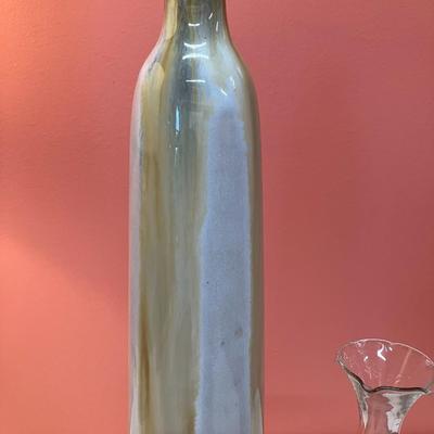 Sale Photo Thumbnail #92: Set of 3 vases: 1 tall gray/natural pottery vase, 1 mercury glass style bud vase, 1 antique glass with gold etching vase
