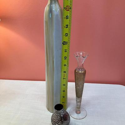 Sale Photo Thumbnail #95: Set of 3 vases: 1 tall gray/natural pottery vase, 1 mercury glass style bud vase, 1 antique glass with gold etching vase