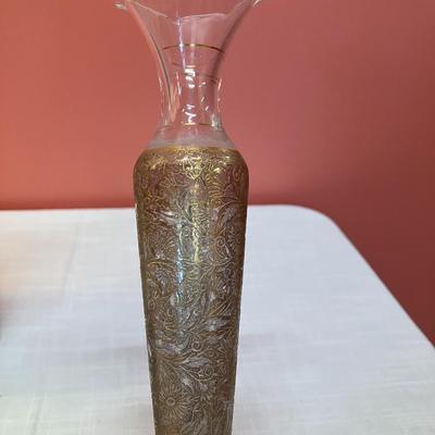 Sale Photo Thumbnail #94: Set of 3 vases: 1 tall gray/natural pottery vase, 1 mercury glass style bud vase, 1 antique glass with gold etching vase